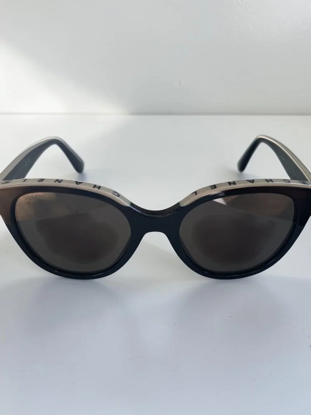 CHANEL Butterfly Sunglasses Black Beige Brown CC Logo
